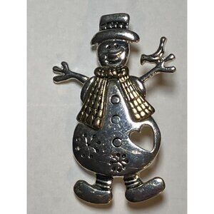 Snowman Brooch Pin Silver Tone w/ Gold Colored Accents  Winter Jewelry